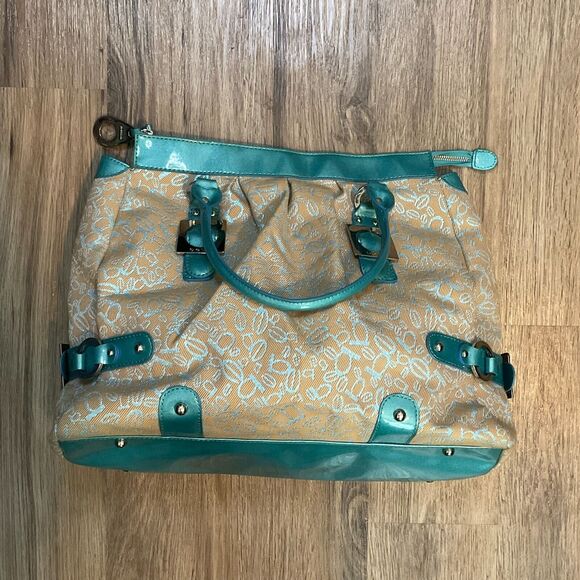 Bebe Purse Bag Handbag Tote Vintage Large Blue Khaki Logo - Picture 3 of 16